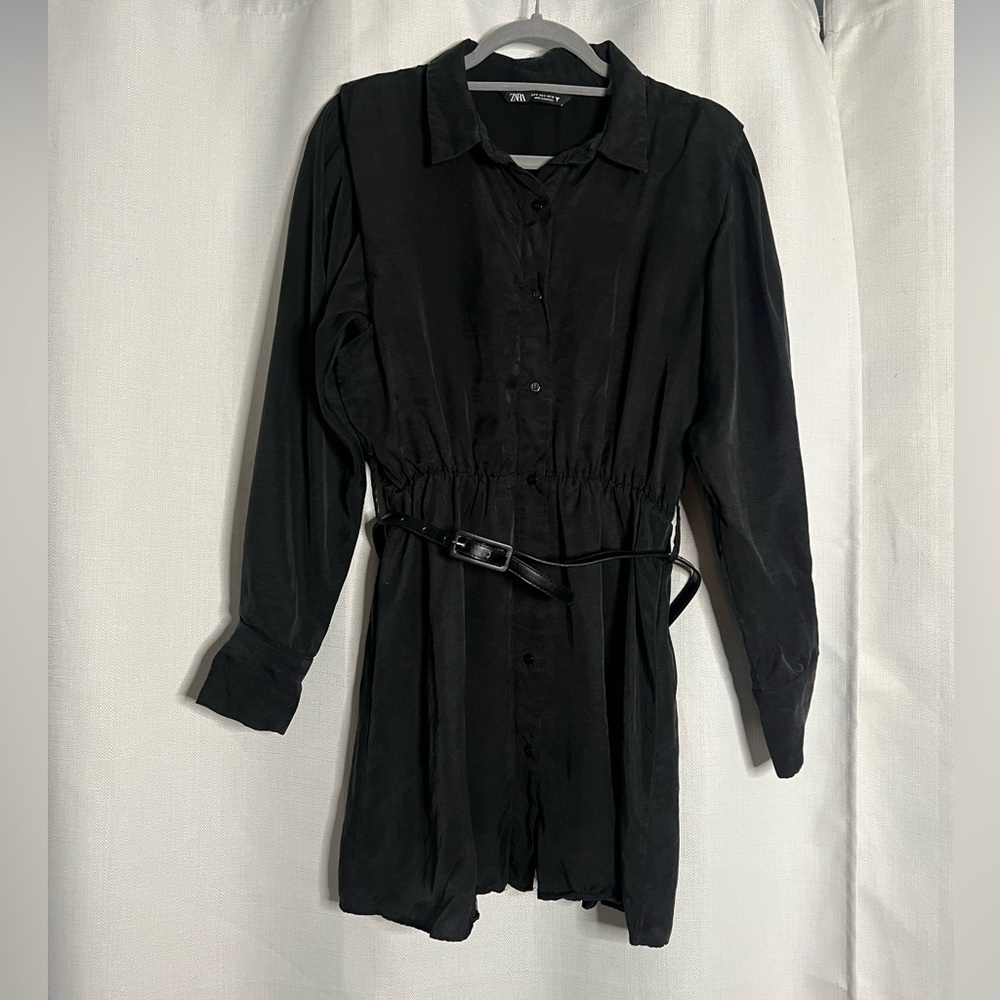 Zara Black Long Sleeve Belted Button Up Dress Small - Picture 9 of 9